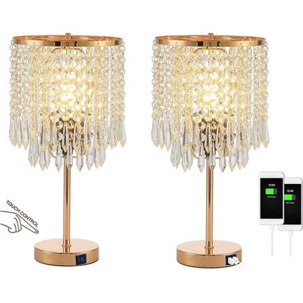 Crystal Table Lamps Set of 2, Gold Lamps for Nightstand with 2 USB Charging Port