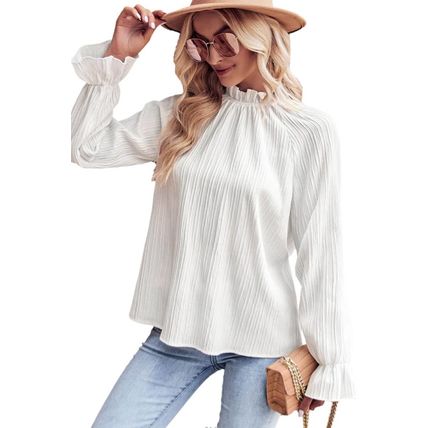 White Frilled Mock Neck Ripple Bubble Sleeve Blouse