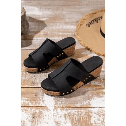 Black Cut Out Rivet Slip-on Wedge Slippers