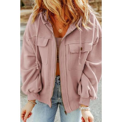 Pink Flap Pocket Drawstring Hood Zip Up Jacket