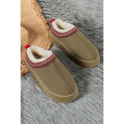 Sage Green Suede Contrast Print Round Toe Plush Lined Flats