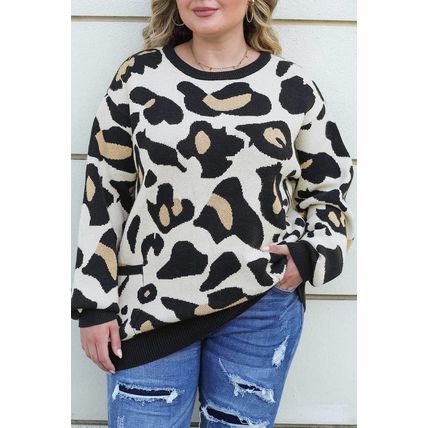 Leopard Ribbed Trim Pocketed Plus Size Sweater