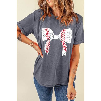 Gray Baseball Bowknot Graphic Casual Tee