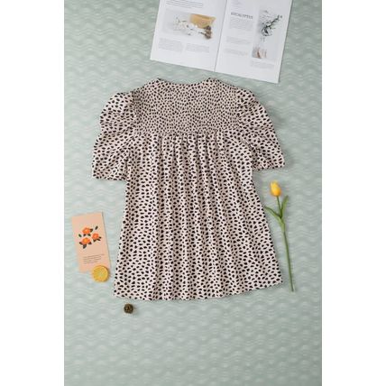 Khaki Leopard Shirred Round Neck Puff Sleeve Blouse