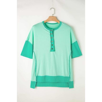 Bright Green Contrast Color Patchwork Half Button T Shirt