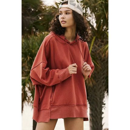 Red Clay Drop Shoulder Pocketed Baggy Drawstring Hoodie