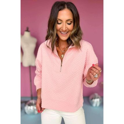 Light Pink Solid Textured Half Zipper Collared Sweatshirt