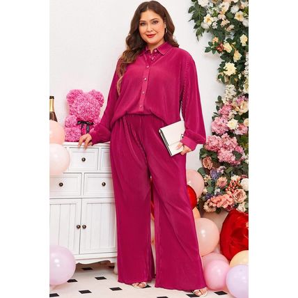 Rose Red Plus Size Ribbed Long Sleeve Shirt and Pants Pajama Set