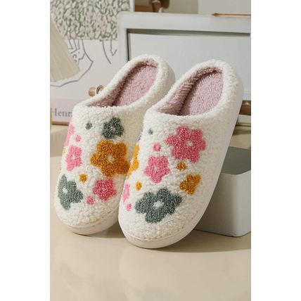 White Flower Pattern Slip On Plush Home Slippers