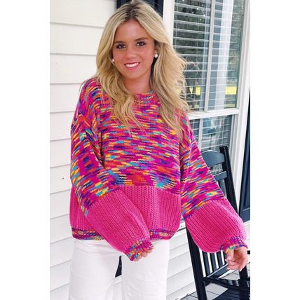 Bright Pink Rainbow Confetti Drop Shoulder Sweater