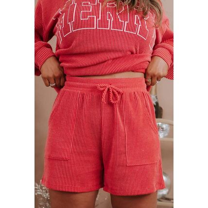 Racing Red MERRY Ribbed Knit Long Sleeve Lace-up Waist Plus Size Set