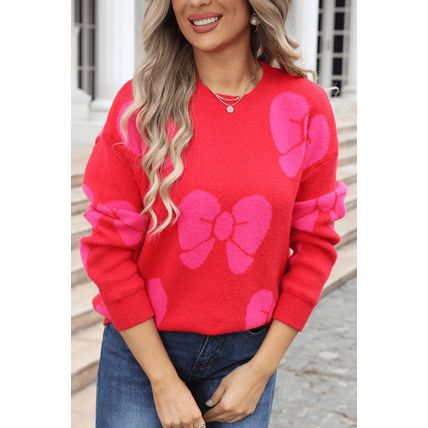 Fiery Red Valentine Bowknot Knitted Round Neck Fashion Sweater