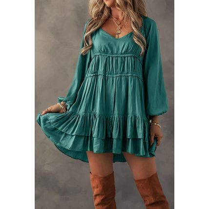 Mist Green Tiered Ruffled Puff Sleeve Loose Fit Mini Dress