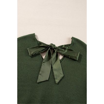 Jungle Green Lantern Sleeve V Neck Knot Back Sweater
