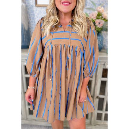 Khaki Stripe Contrast Striped Print 3/4 Sleeve Babydoll Plus Size Dress