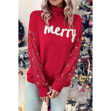 Racing Red Merry Graphic Sequin Sleeve Turtleneck Sweater