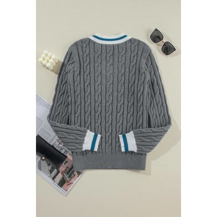 Medium Grey Color Contrast Ribbed Edge Cable Knit V Neck Sweater