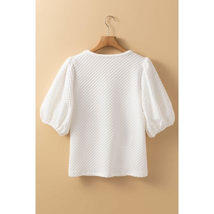 White Solid Textured O Neck Puff Sleeve Blouse