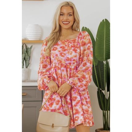 Rose Floral Print Square Neck High Waist Mini Dress