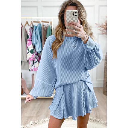 Sky Blue Corded Lantern Sleeve Top High Waist Ruffled Mini Skirt Set