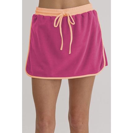 Rose Red Color Contrast Loose Pullover and Lace-up Waist Skort Set