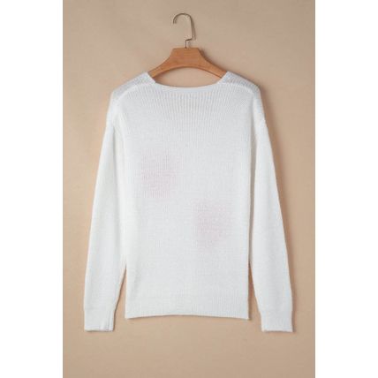White Pearl Beaded Heart Pattern Fuzzy V Neck Sweater