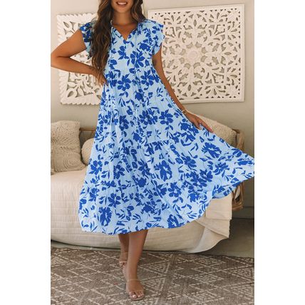 Sky Blue Floral Print Tiered Frilled Trim Flutter Sleeve Maxi Dress