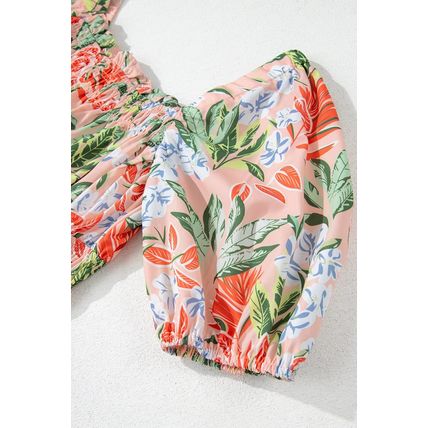 Apricot Pink Floral Smocked Bust Bubble Short Sleeve Maxi Dress
