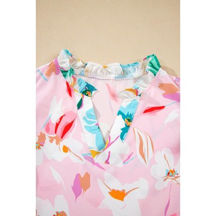 Multicolour Contrast Floral Patchwork Notched Neck Flutter Sleeve Blouse