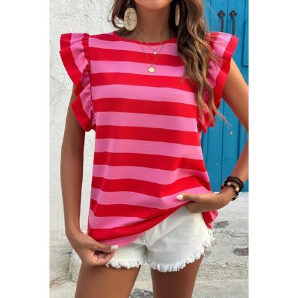 Red Stripe Flutter Sleeve Round Neck T Shirt