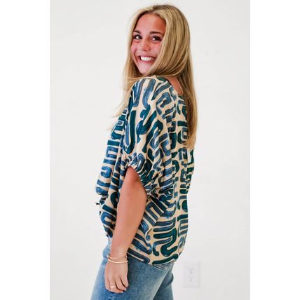 Beige Abstract Print Short Sleeve Loose Top