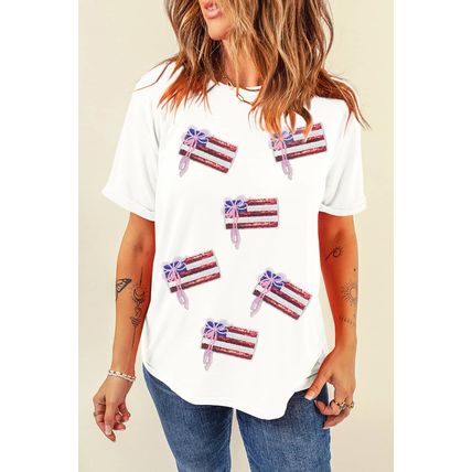 White Sequin Bow American Flag Patched T Shirt