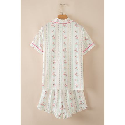Beige Floral Print Contrast Pipping Short Pajamas Set