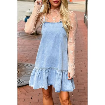 Beau Blue Bow Detail Spaghetti Straps Ruffle Hem Denim Short Dress