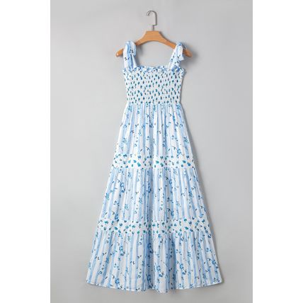 Sky Blue Floral Smocked Tied Straps A-Lined Tiered Maxi Dress