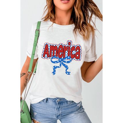 White Funky America Letter Bow Printed T Shirt