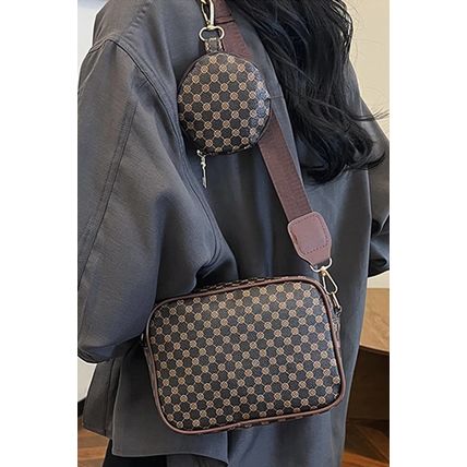 Coffee Checkered Print PU Leather Shoulder Bag with Coin Wallet