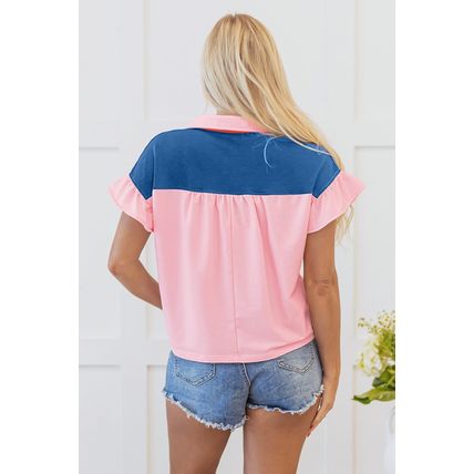 Gossamer Pink Color Block Half Buttoned Ruffled Short Sleeve T Shirt