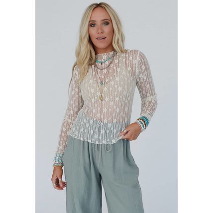 White Sheer Floral Lace Long Sleeve Slim Fit Top