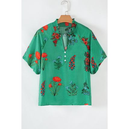 Bright Green Floral Print Buttoned V Neck Short Sleeve Blouse