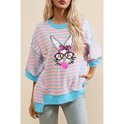 Pink Stripe Easter Rabbit Graphic Contrast Banded Drop Shoulder Tee