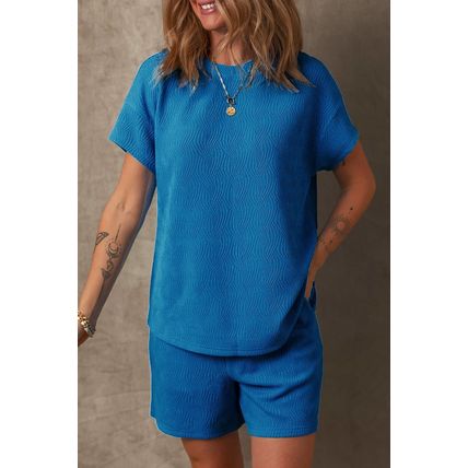 Bluing Solid Textured Crew Neck Short Set
