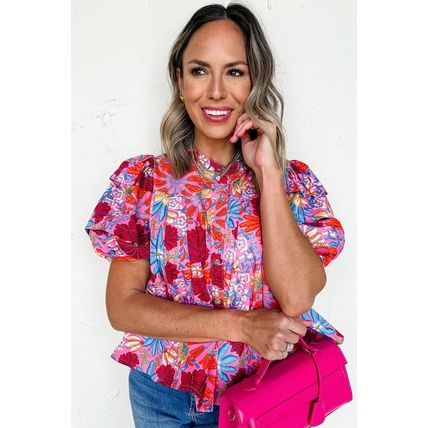 Pink Floral Print Bubble Sleeve Button Up Pleated Shirt