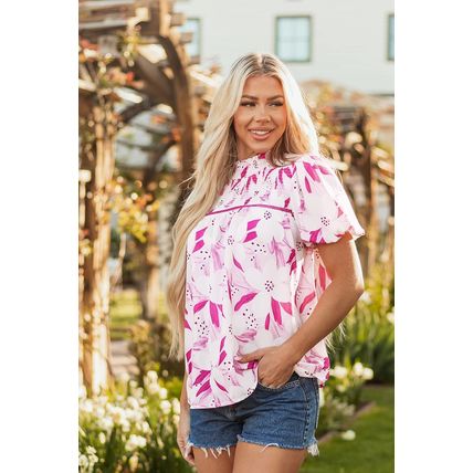 Rose Floral Frilled Collar Short Sleeve Blouse Top