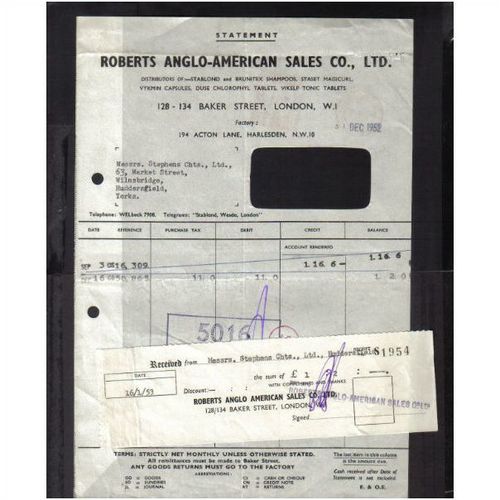 ROBERTS ANGLO-AMERICAN SALES CO LTD, BAKER ST, LONDON, W1, ACTON LANE 31DEC1952