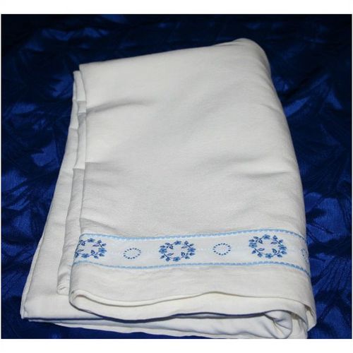 Vintage 1970 Blue White Embroidered Linen Sheet Size 82" X 126" French Rare