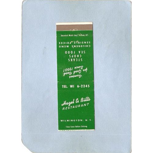 New York Wilmington Matchcover Hazel & Bill's Restaurant w/Ad Inside ny_bo~1417