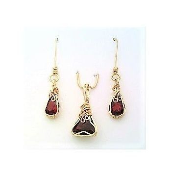Garnet Gold Wire Wrap Gemstone Pendant Drop Earring Set 15