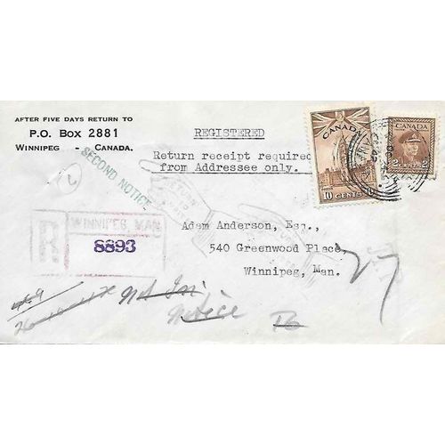 Canada REGISTERED War Combo 1942 Winnipeg MAN AR Return Receipt Requested RETURN
