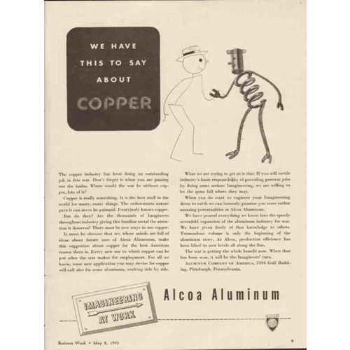 ALUMINUM COMPANY OF AMERICA 1943 we have say about copper vintage ad